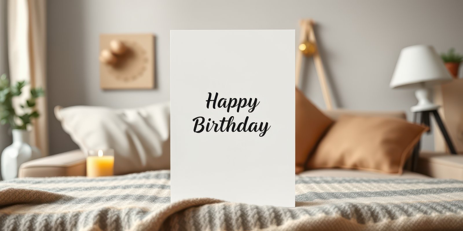 Birthday card displayed on a cozy bed with soft pillows and warm lighting, celebrating a joyful occasion at home